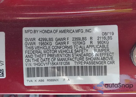 2019 Honda Accord Lx from USA, damaged, VIN 1HGCV1F15KA151256